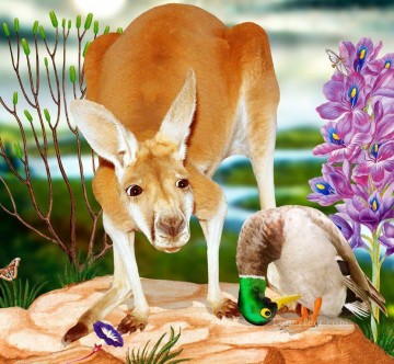 Känguru und Anas platyrhynchos Lustiges Haustiere Ölgemälde